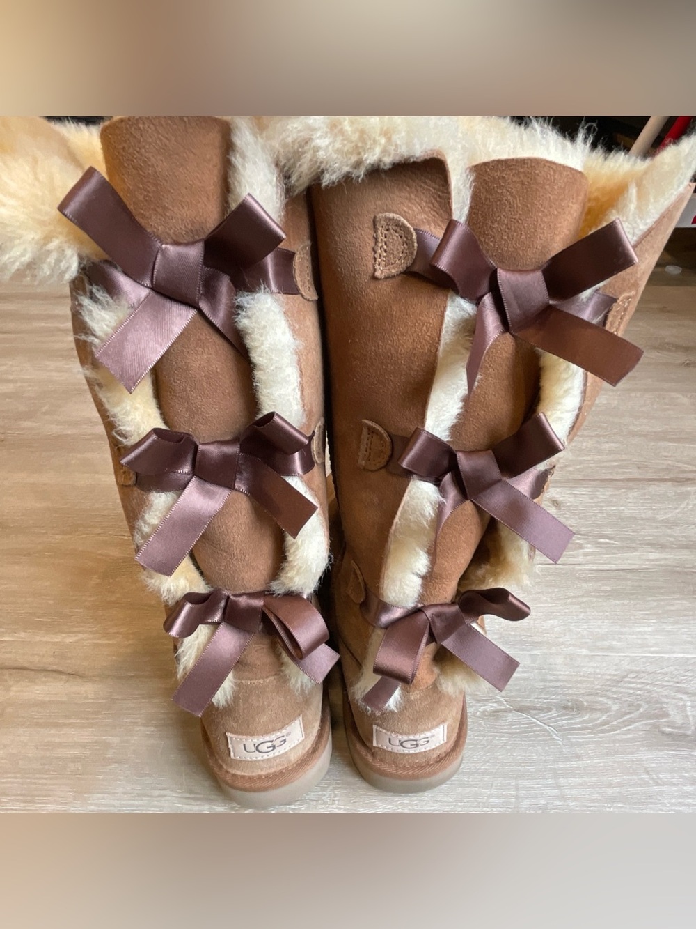 UGG Chestnut Suede Tall Shearling Boots with Brown Satin Bows size 8